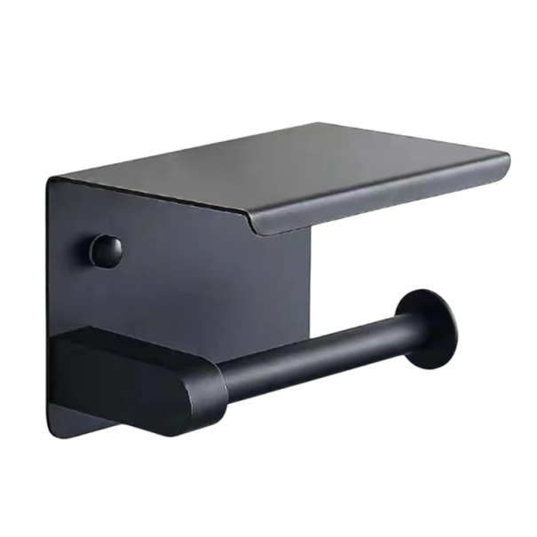 Supporto per carta igienica 14 x 10 cm in acciaio inossidabile Senza foratura Supporto da parete con ripiano per telefono Porta asciugamani da carta Accessori per bagno nero