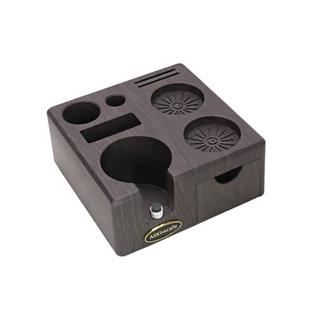 Supporto per tamper e portafilter 58 mm con scomparto per filtri e pennelli in plastica ABS con cassetto Organizzatore per accessori da caffè e baristi marrone