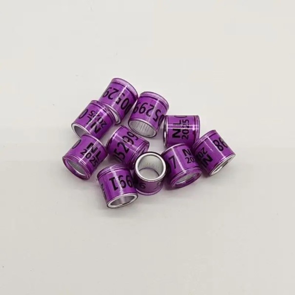 Súprava 100 ks farebných lesklých krúžkov 8 mm na nohy vtákov Vysoko kvalitný plast a hliník Identifikačné klipy na krúžkovanie holubov, papagájov a hydiny fialová