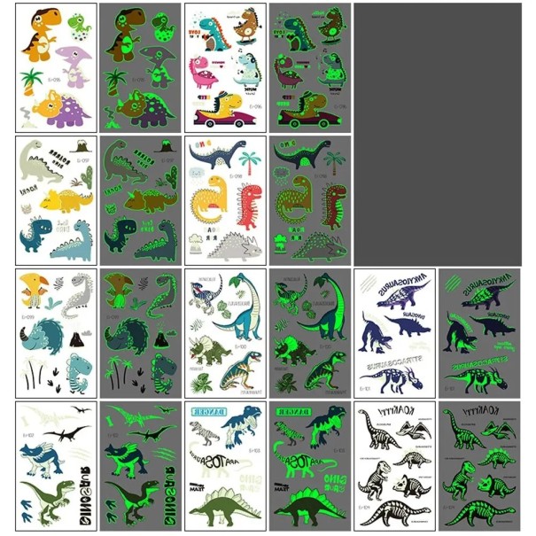 Surtido de tatuajes temporales brillantes de dinosaurios, coloridas pegatinas de tatuaje para niños con efecto de brillo en la oscuridad, paquete de hojas 1