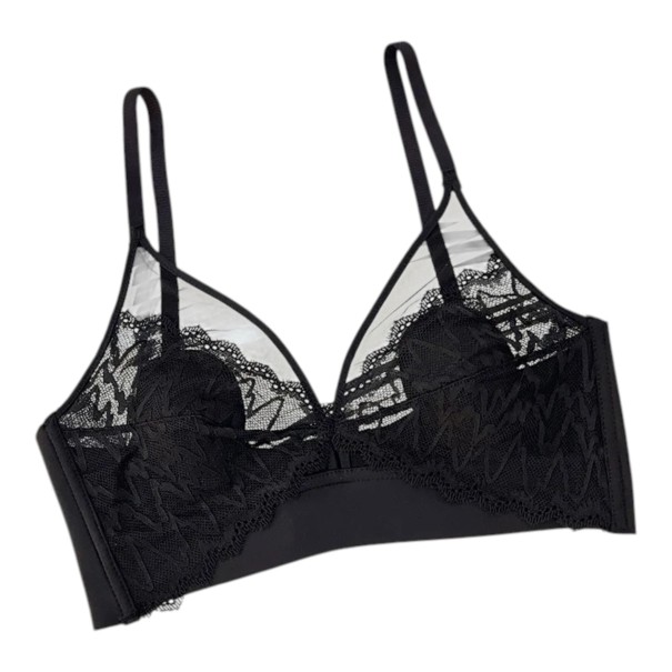 Sutiã bralette de renda sem aros com decote em V e rede transparente com faixa larga na parte inferior e alças finas preto S/M