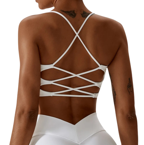Sutiã desportivo feminino com tiras finas cruzadas nas costas em poliamida para fitness, corrida, exercício, ioga e treino branco S