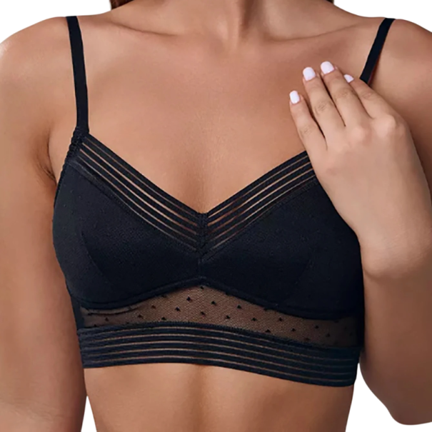 Sutiã feminino com alças finas e painéis em rede em elastano e poliamida leve para uso diário e conforto preto M