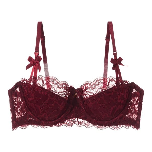 Sutien balconette din dantelă pentru femei cu cupe modelate și fundițe decorative cu model floral și bretele ajustabile burgundy 85A