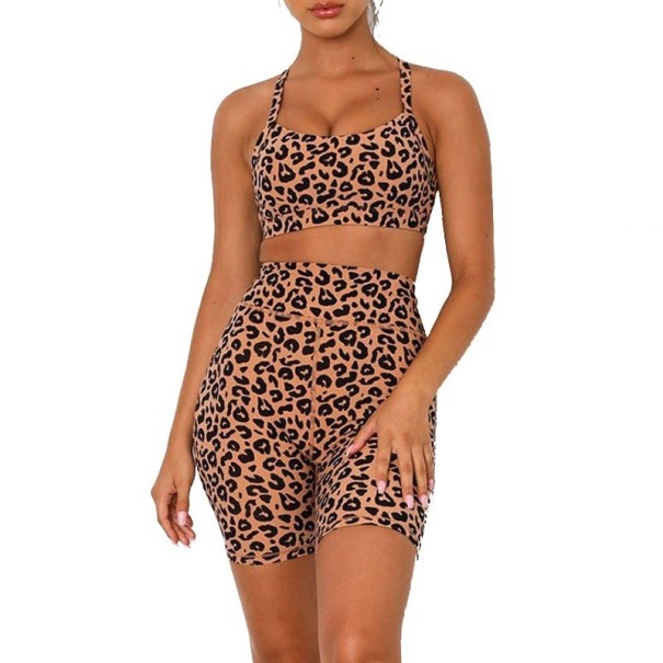 Sutien și pantaloni scurți sport leopard pentru femei maro deschis M