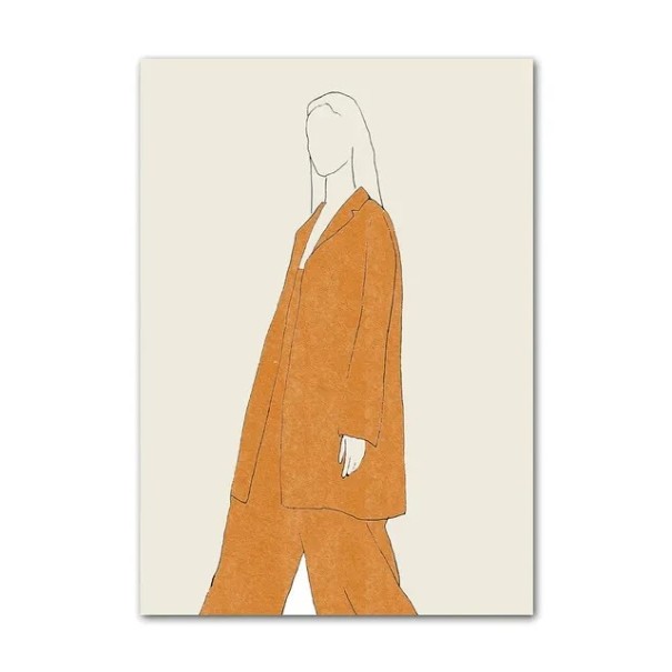Suuri seinäplakaatti naisen linjasta oranssissa takissa 50 × 75 cm kankaan painatus oranssi-beige minimalistinen koriste 1