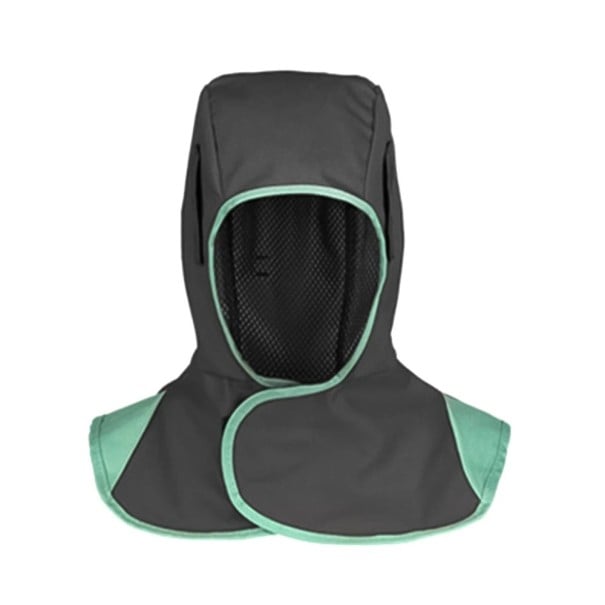 Svářecí ohnivzdorná kukla s nákrčníkem 44 × 48 cm, suchý zip pro nastavení krku, prodyšná podšívka z nylonu, na svařování a broušení černá
