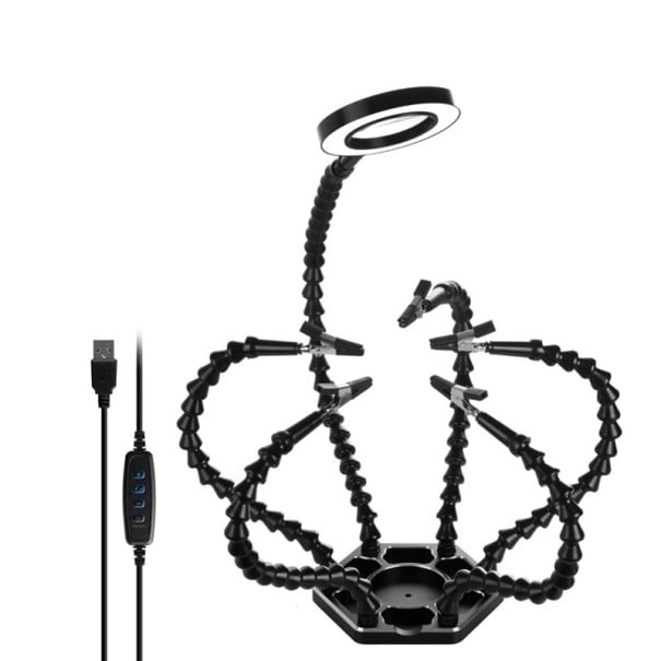 Svařovací opravná stanice LED lupa s držáky základna 14 × 12 cm USB černá s kloubovými rameny pro pájení a opravy elektroniky 1