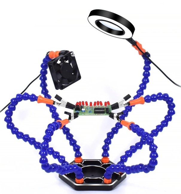 Svařovací opravná stanice s LED lupou ventilátor hliníková základna 140×120 mm modro oranžová s držáky pro pájení elektroniky 1