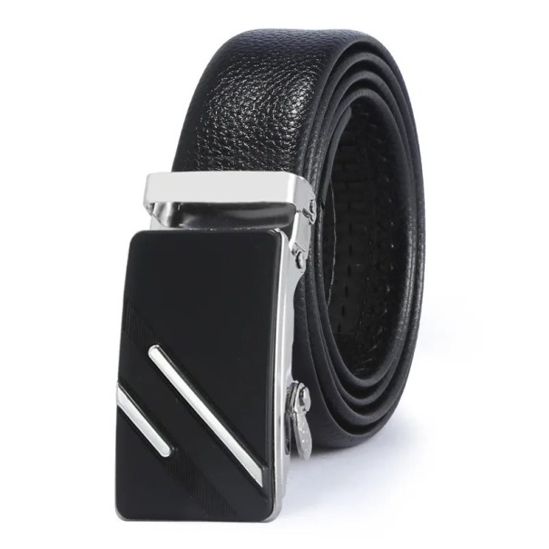 Svart elegant bälte för män av PU-läder med automatiskt metallspänne Justerbar längd Moderna herrtillbehör för kostymer och jeans silver 110 cm