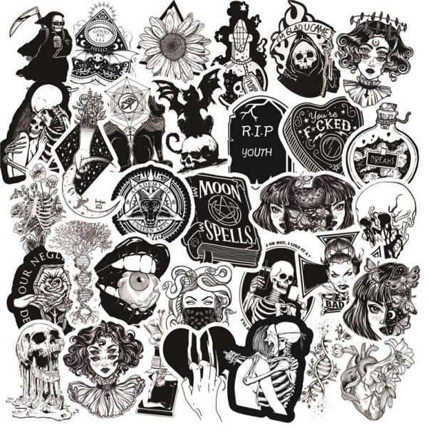 Svartvita klistermärken med gotiska motiv 50 st Set med PVC-klistermärken i storlek 3 till 7 cm I mörk stil för fans av skräck och mystik 1