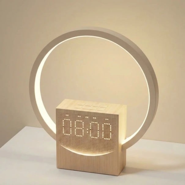 Sveglia luminosa con anello luminoso e altoparlante Bluetooth Aspetto in legno Simulazione dell'alba Suoni per dormire Controllo touch 22 cm 1