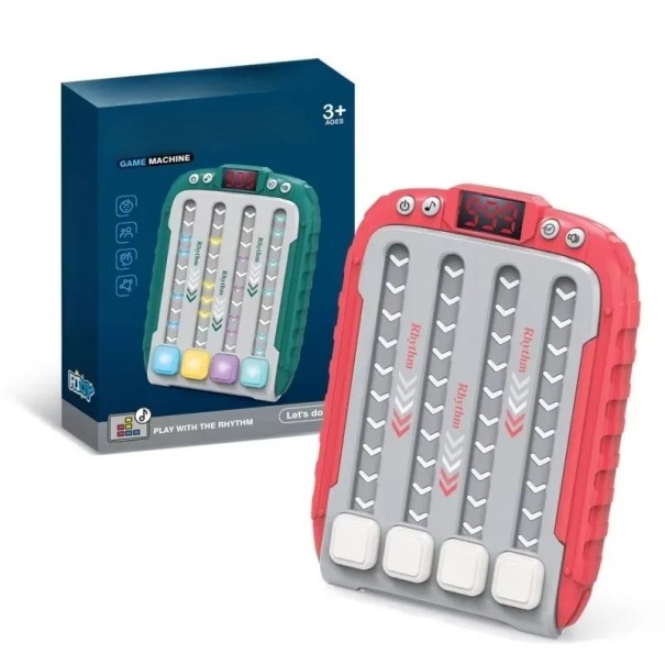 Světelná elektronická hudební rytmická logická hra 15 x 11 x 3 cm 6 úrovní obtížnosti 3 rychlosti 4 hlasitosti ABS, baterie AAA*3 červená