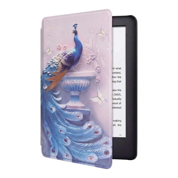 Světle fialové flipové pouzdro 6 palců na Kindle 10. generace 2019 s potiskem modrého páva a s popruhem na ruku i fólií na displej 1
