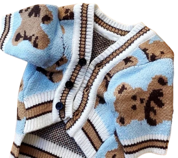 Svetor para cão 4,5–5 kg Tamanho L 45 cm peito 35 cm comprimento Roupa de malha quente com imagens de ursos e fecho com três botões azul