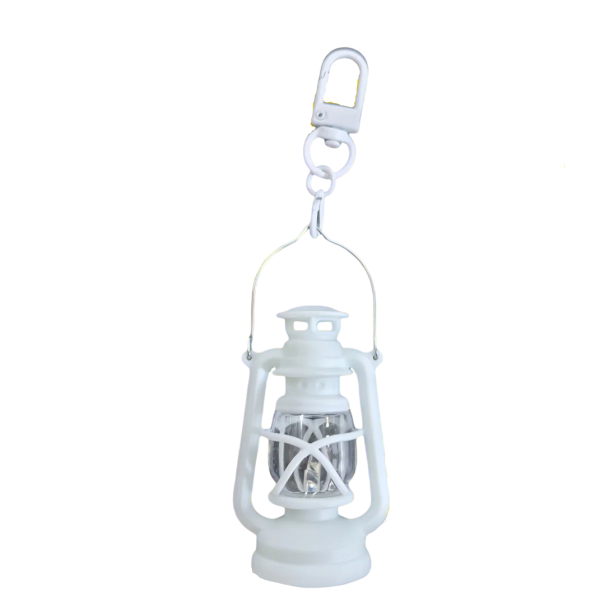 Svietiaca kľúčenka 6 cm LED Petrolejová lampa Plastová kľúčenka s LED simuláciou plameňa Retro dekorácia na kľúče biela