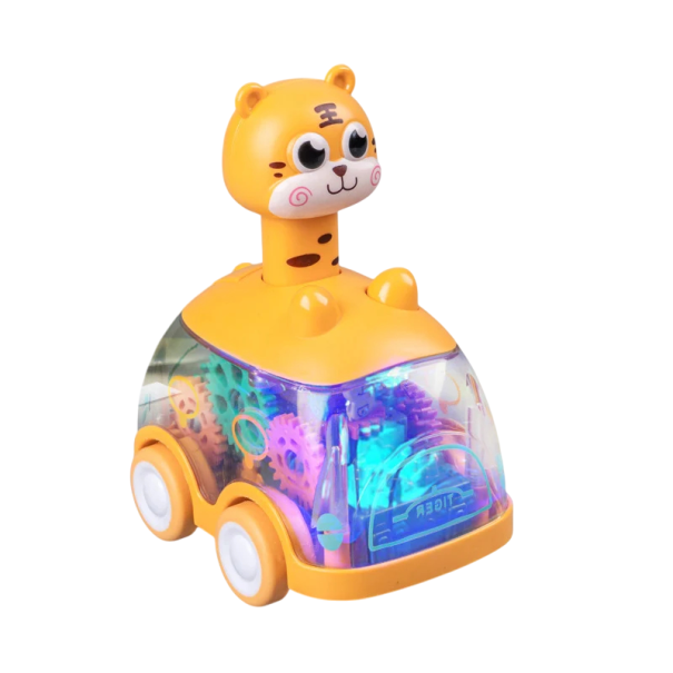 Svietiace autíčko tiger 9,5 x 7 x 12,5 cm s pohybom bez batérií a otáčajúcimi prevodmi pre malé deti 1