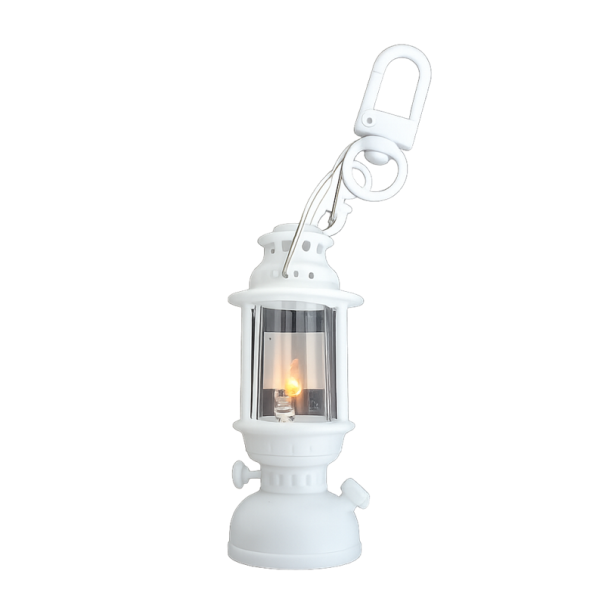 Svítící klíčenka 6 cm LED Petrolejová lampa Plastová dekorativní klíčenka s LED simulací světla na klíče batoh bílá