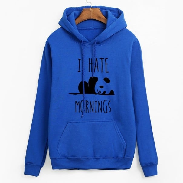 Sweat à capuche pour femmes avec impression de panda endormi Inscription humoristique sur le dégoût des matins Poche kangourou Cordon bleu XS