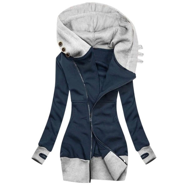 Sweat à capuche prolongé pour femmes avec zip oblique Coupe ajustée Bordure contrastante et poignets avec trou pour le pouce Boutons bleu foncé L
