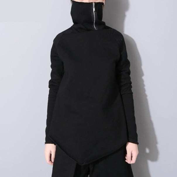 Sweat asymétrique pour femmes avec col haut zippé Ourlet terminé par une pointe à l'avant Coupe ample Manches longues Noir Polyester et coton S
