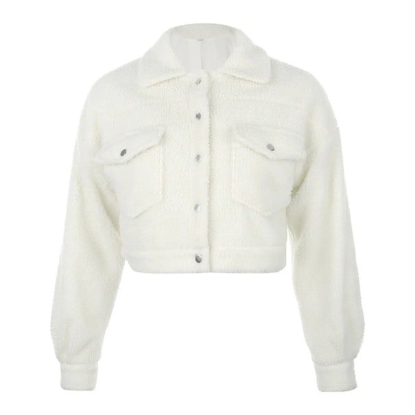 Sweat-shirt court en polaire pour femmes Blanc Col retourné et deux poches poitrine Manches longues Polyester et laine synthétique M