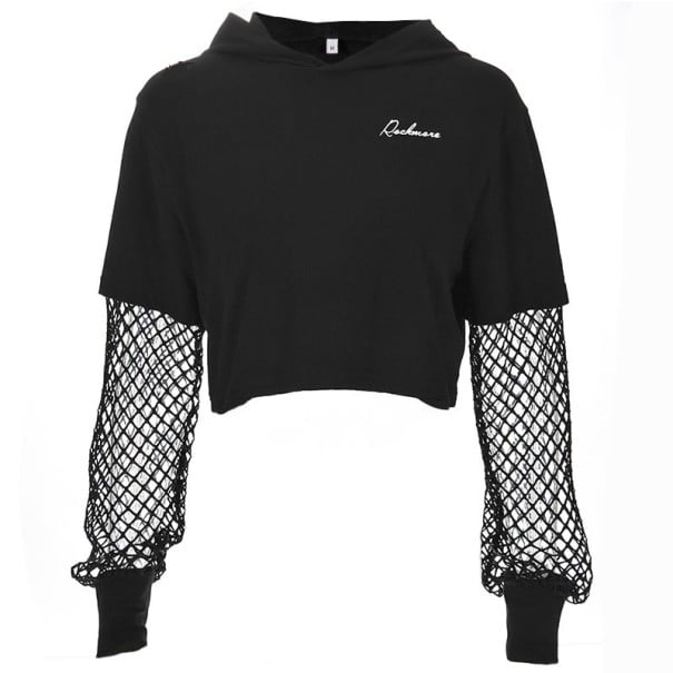 Sweat-shirt court pour femme avec capuche et manches en maille Crop top noir à manches courtes avec maille Manches étroites Coton avec élasthanne L