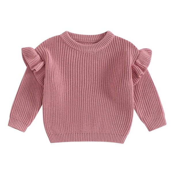 Sweater de bebé tricotado com folhos em algodão e acrílico de manga longa top solto de cor única com decote redondo O-neck rosa escuro 12-18 meses