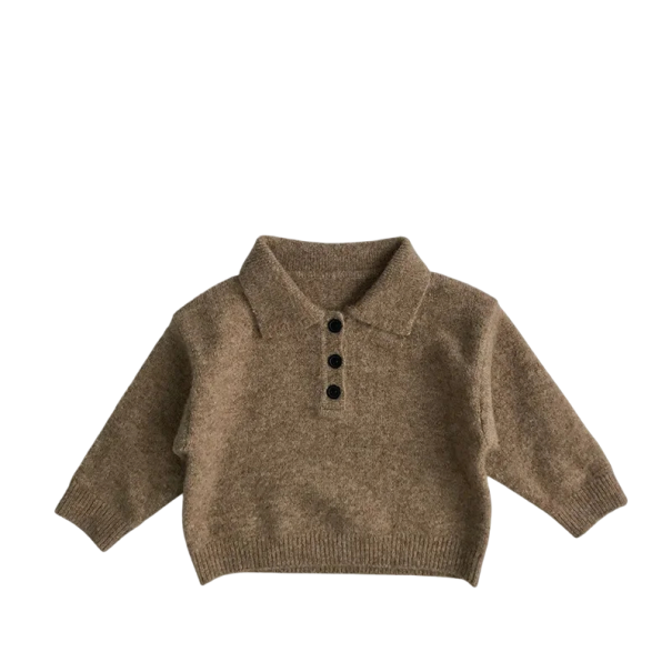 Sweater de criança tricotado com colarinho e botões até meio castanho claro 3