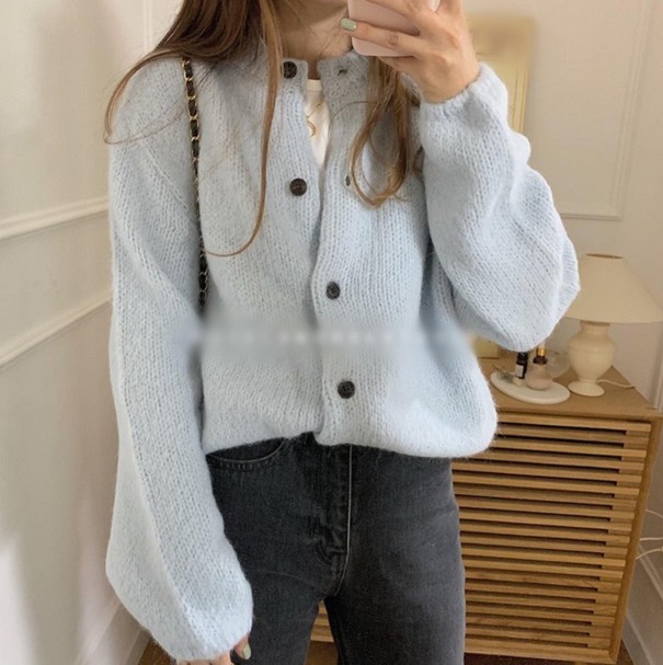 Sweater de malha feminino com botões G291 azul claro