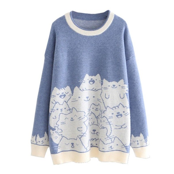 Sweater de malha feminino com gatinhos azul