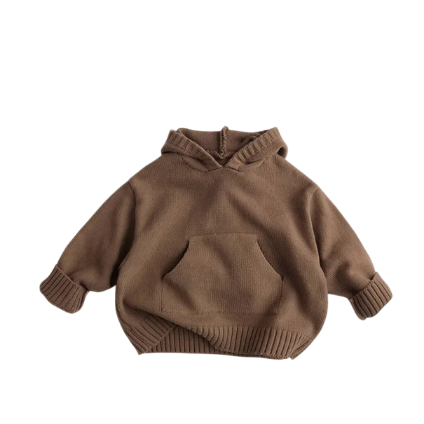 Sweater de malha para crianças com capuz Casaco suave de uma só cor com bolso frontal Estilo solto para rapazes e raparigas Top quente de outono e inverno Várias cores castanho 2