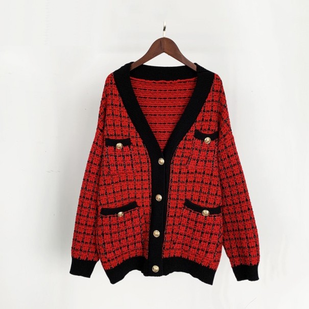 Sweater de senhora xadrez com botões vermelho