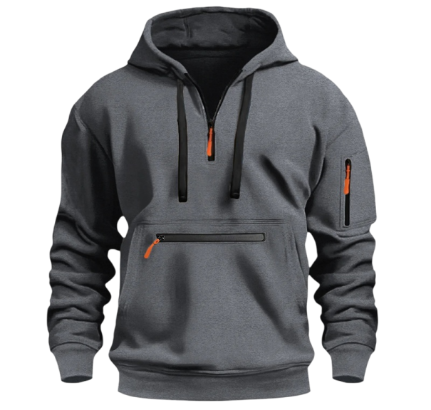 Sweater masculino com capuz e decote em V com fecho de correr Sweatshirt de uma só cor com bolso na barriga Bolso extra com fecho Bolso para as mãos Poliéster cinzento escuro M