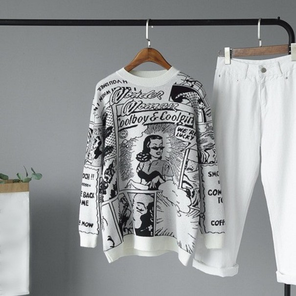 Sweater oversized feminino com estampado branco