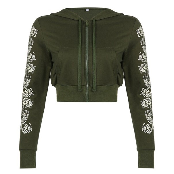 Sweatshirt curta feminina com zip e capuz na cor verde-oliva Estampa ornamental nas mangas Corte crop Feita de poliéster com algodão e spandex M