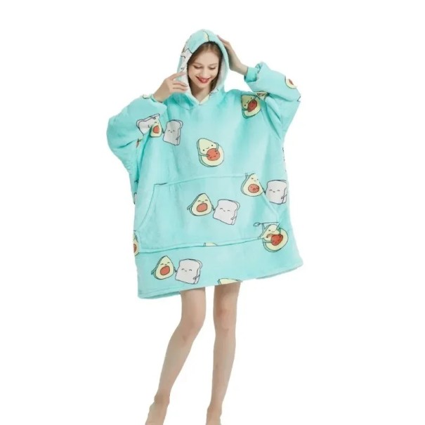 Sweatshirt de Inverno para Senhora com Capuz Azul Tamanho Grande de Flanela com Bolsos e Mangas Longas Padrão de Abacate e Torrada Poliéster Quente 1