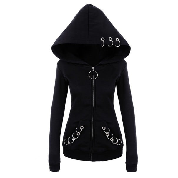 Sweatshirt gótica feminina com grande capuz e zíper Preto Anéis metálicos no capuz e nos bolsos Puxador de zíper em forma de círculo Corte justo XS