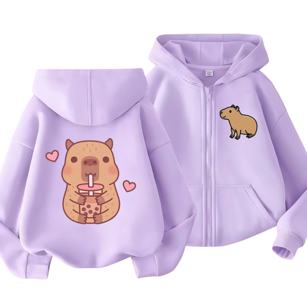 Sweatshirt infantil com capuz e fecho éclair com motivo de capivara Polyester Kawaii estilo manga Sweatshirt unicolor com bolsos Unisex roupa para rapazes e raparigas roxo 5