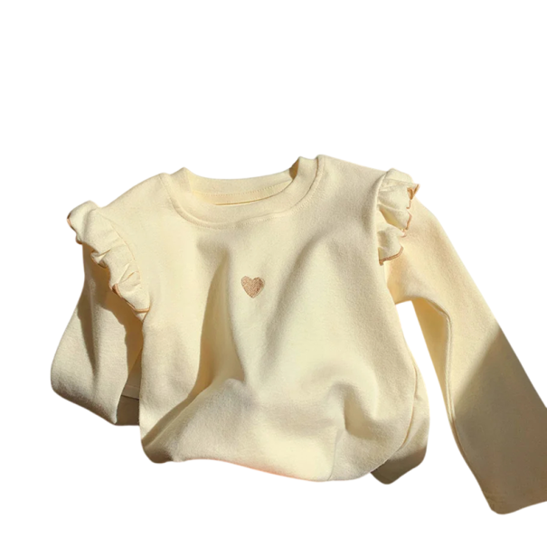 Sweatshirt infantil com coração no peito Algodão e poliéster Manga longa com franzido nos ombros Top de cor sólida com decote redondo Para meninas Primavera e outono bege 3