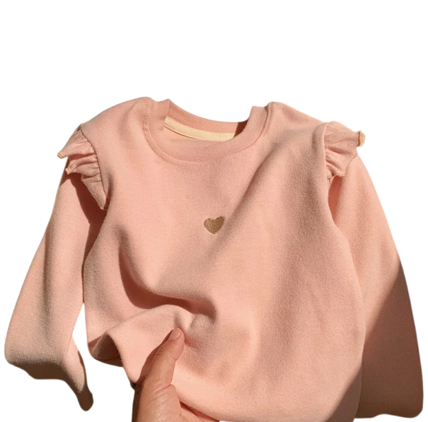 Sweatshirt infantil com coração no peito Algodão e poliéster Manga longa com franzido nos ombros Top de cor sólida com decote redondo Para meninas Primavera e outono rosa 4