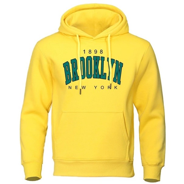 Sweatshirt masculina com capuz e bolsos Sweatshirt desportiva de uma só cor com a discreta inscrição Brooklyn no peito Material de poliéster confortável amarelo XL