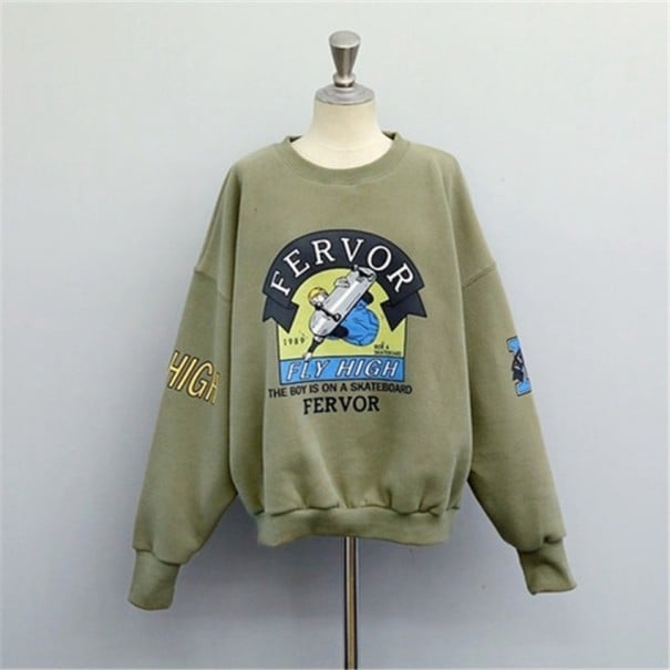 Sweatshirt oversized feminina sem capuz com grande impressão colorida no peito Verde-oliva Decote redondo Ombros caídos Poliéster e algodão S