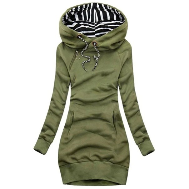 Sweatshirtkleid mit Kapuze und Kängurutasche. Lange Ärmel. Kordelzug. Einfarbiges Freizeitkleid. Bequeme Passform. Lässiger Stil. grün M