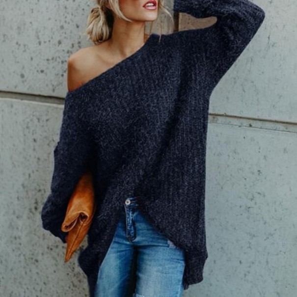 Sweter damski oversize z obniżonym ramieniem ciemnoniebieski XS