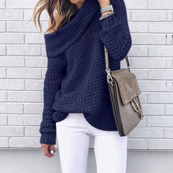 Sweter damski z dzianiny z odkrytymi ramionami G280 ciemnoniebieski L
