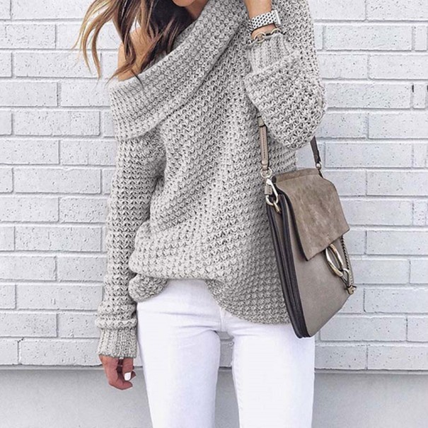 Sweter damski z dzianiny z odkrytymi ramionami G280 szary L