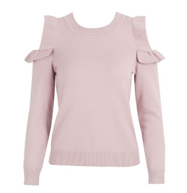 Sweter damski z marszczeniami na ramionach J2449 różowy M