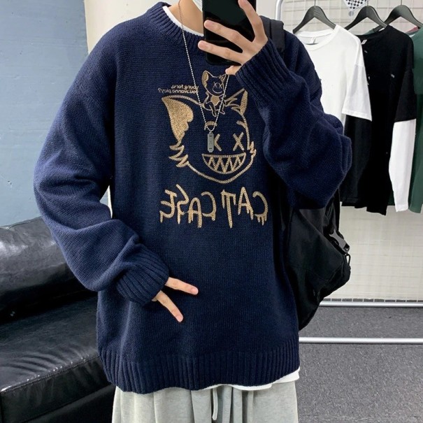 Sweter męski z kotem F236 ciemnoniebieski S