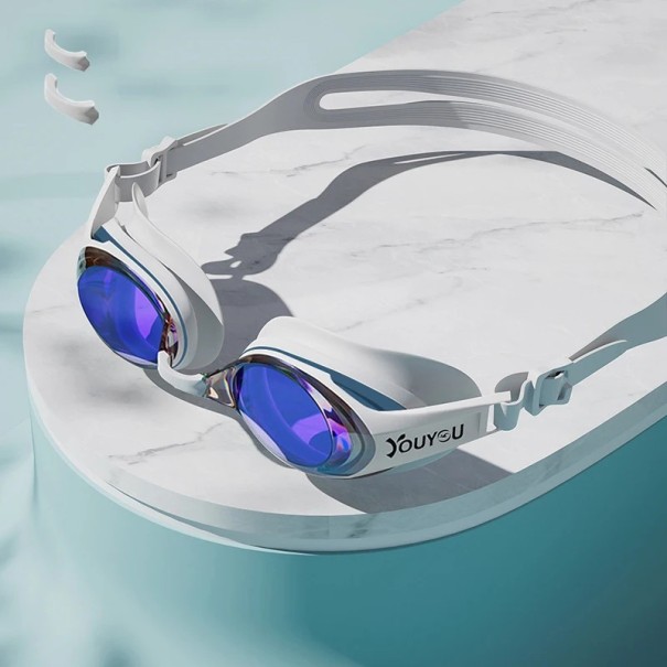 Swimming Goggles with Mirrored Lenses UV Protection Silicone Frame Polycarbonate Adjustable Strap Sports Goggles for Pool and Outdoor white